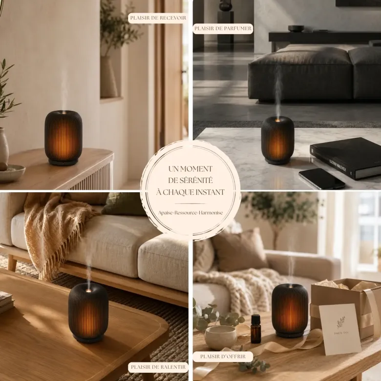 Diffuseur d'huiles essentielles ultrasonique eluné en verre, led blanc chaud