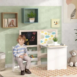 Ensemble table chaise tableaux pliables enfant multi-rangement beige blanc