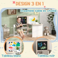 Ensemble table chaise tableaux pliables enfant multi-rangement beige blanc