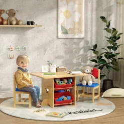 Ensemble table et chaises enfant bois 4 bacs de rangement inclus