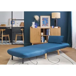 Fauteuil convertible en tissu bleu foncé et bois clair amiko