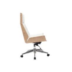 Fauteuil de bureau de direction blanc, bois clair et acier chromé curved