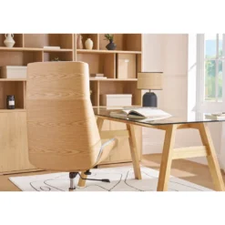 Fauteuil de bureau de direction en tissu gris clair et bois clair curved