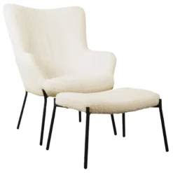 Fauteuil en tissu bouclette écru avec repose-pieds eira