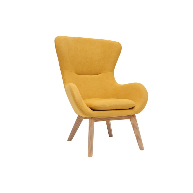 Fauteuil en tissu effet velours jaune moutarde et bois eskua