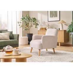 Fauteuil en tissu effet velours texturé beige et bois clair isko