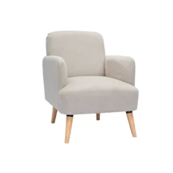 Fauteuil en tissu effet velours texturé beige et bois clair isko