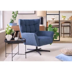 Fauteuil pivotant en tissu effet velours texturé bleu foncé et métal avery