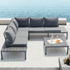 Fira salon de jardin bas 5 places en aluminium gris foncé