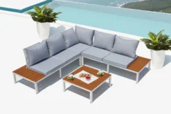 Fira salon de jardin bas 5 places en aluminium gris et blanc