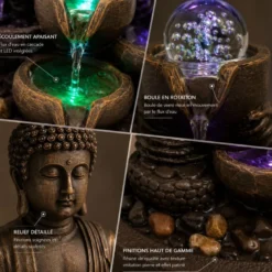 Fontaine d'intérieur bouddha zen shanti, cascade 3 niveaux et boule de verre led