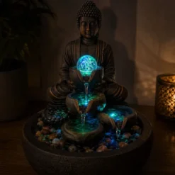 Fontaine d'intérieur bouddha zen shanti, cascade 3 niveaux et boule de verre led