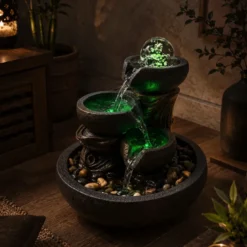Fontaine d'intérieur nature yggra, cascade 3 niveaux et boule de verre led