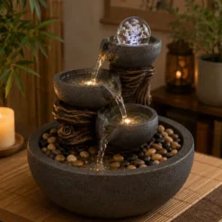 Fontaine d'intérieur nature yggra, cascade 3 niveaux et boule de verre led