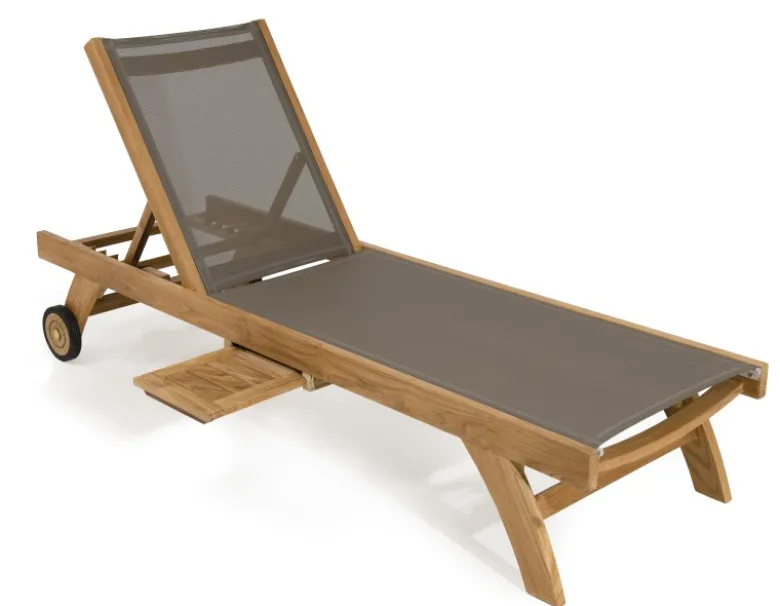 Fun - bain de soleil en bois teck et textilène couleur taupe