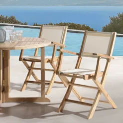Fun - lot de 2 fauteuils pliants bois teck textilène couleur beige
