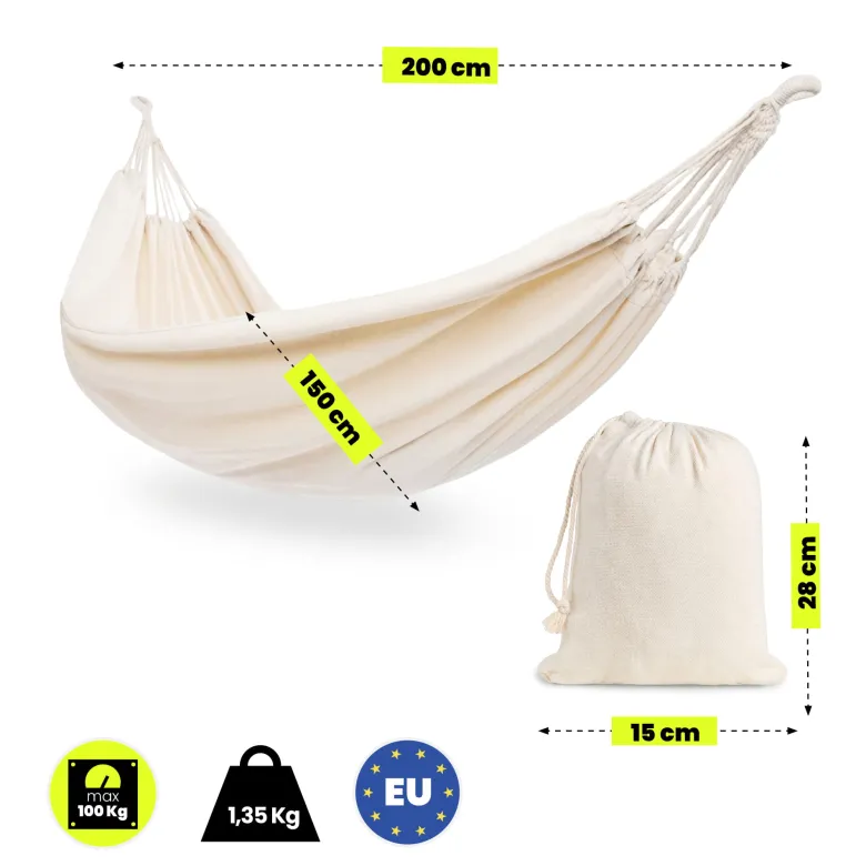 Hamac bohème beige 200x150 cm avec housse - léger, confortable et portable