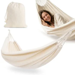 Hamac bohème beige 200x150 cm avec housse - léger, confortable et portable