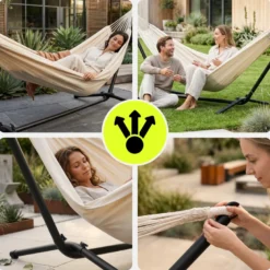 Hamac de jardin hypermotion + support acier noir 295x100x96 cm 100 kg