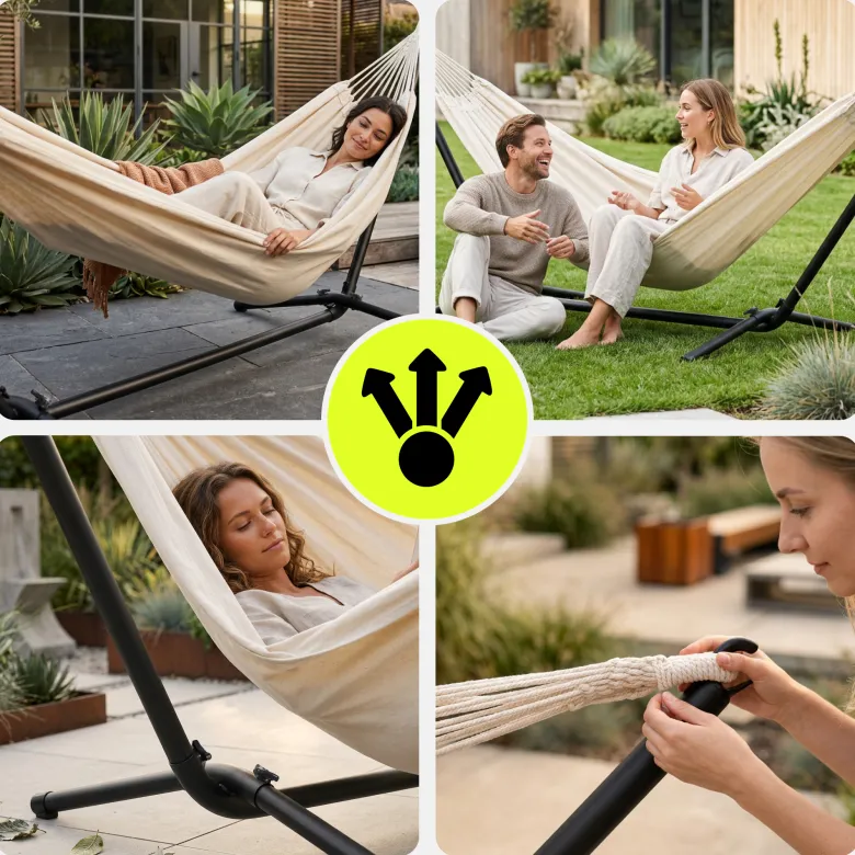 Hamac de jardin hypermotion + support acier noir 295x100x96 cm 100 kg