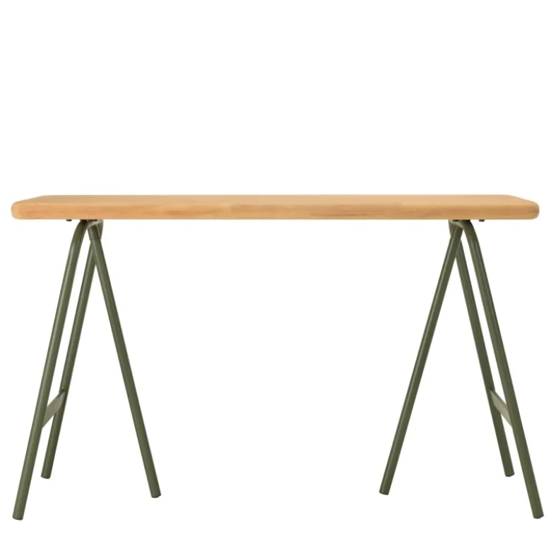 Helena - console plateau en bois pin et pieds tréteaux en métal vert
