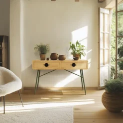 Helena - console 2 tiroirs en bois pin et pieds métal vert