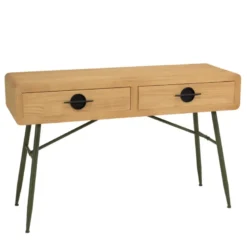 Helena - console 2 tiroirs en bois pin et pieds métal vert
