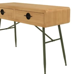 Helena - console 2 tiroirs en bois pin et pieds métal vert