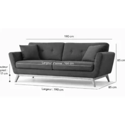 Hoga canapé 3 places scandinave en tissu gris anthracite