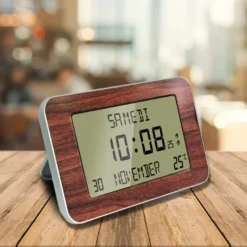Horloge réveil numérique - heure, date, température - design bois élégant