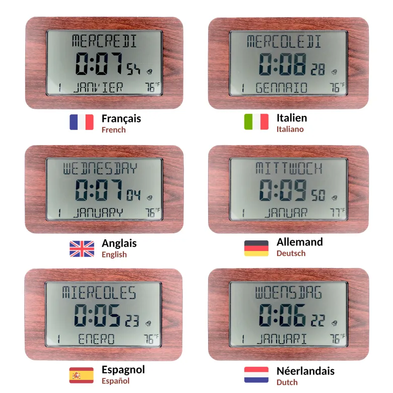 Horloge réveil numérique - heure, date, température - design bois élégant