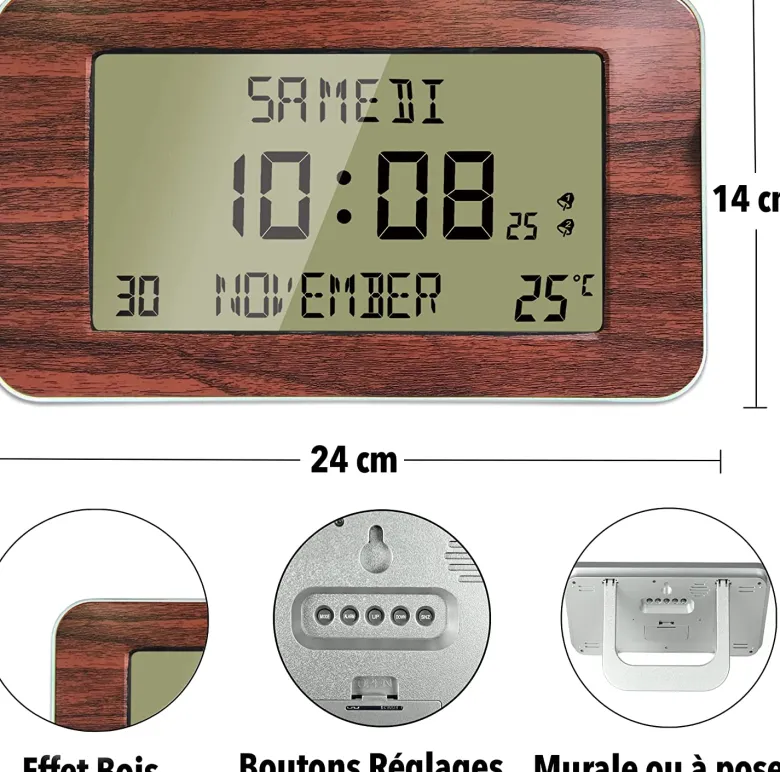 Horloge réveil numérique - heure, date, température - design bois élégant