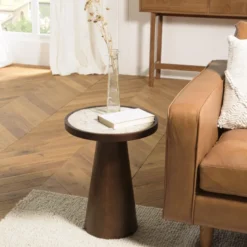 James - table d'appoint 40x40cm plateau marbre pied en manguier foncé