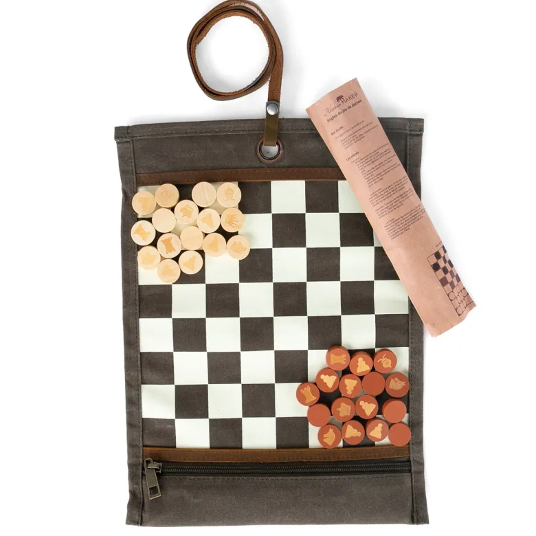 Jeu d'échec & dames de voyage kaki