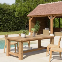 Kally - table à manger de jardin 220cm bois teck recyclé pieds droits