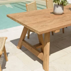 Kally - table à manger jardin 220cm bois teck recyclé pieds tréteaux