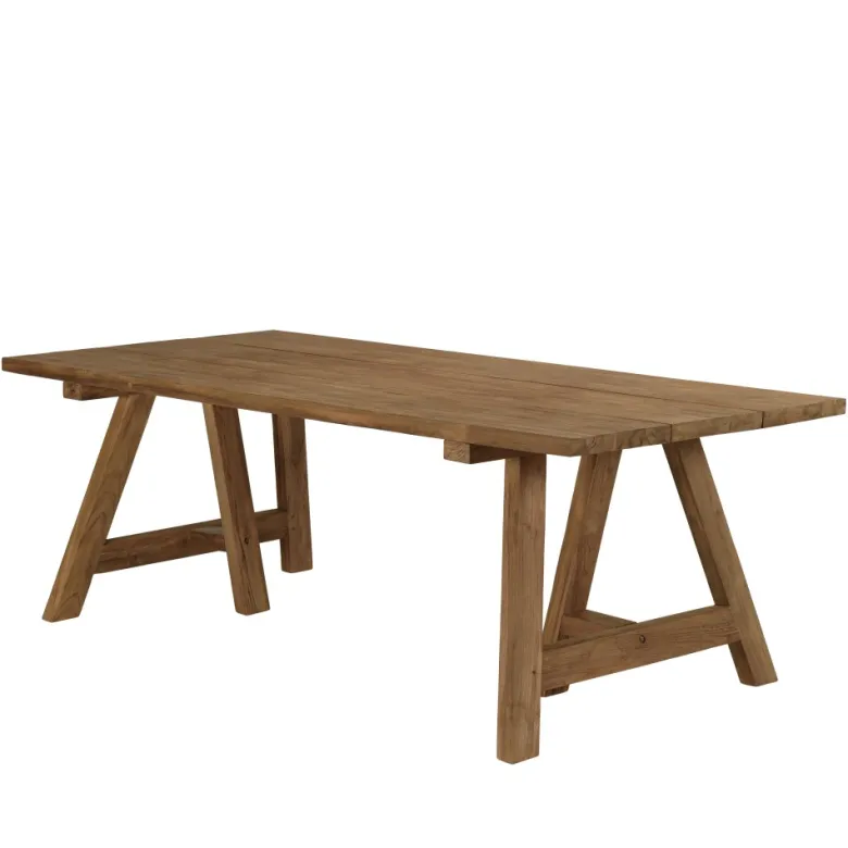 Kally - table à manger jardin 220cm bois teck recyclé pieds tréteaux