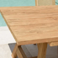 Kally - table à manger jardin 220cm bois teck recyclé pieds tréteaux