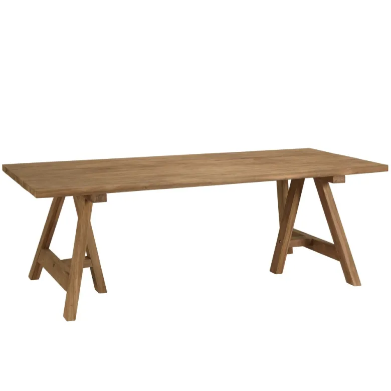 Kally - table à manger jardin 220cm bois teck recyclé pieds tréteaux