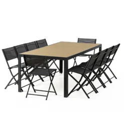 Lagos ensemble table de jardin 200 cm en aluminium et 10 chaises pliantes