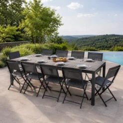 Lagos ensemble table de jardin 200 cm en aluminium et 10 chaises pliantes