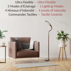 Lampadaire led effet bois wengé 3 températures tête flexible tactile