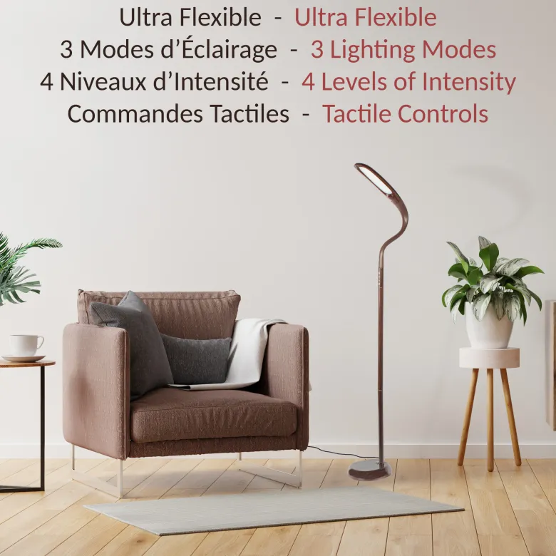 Lampadaire led effet bois wengé 3 températures tête flexible tactile
