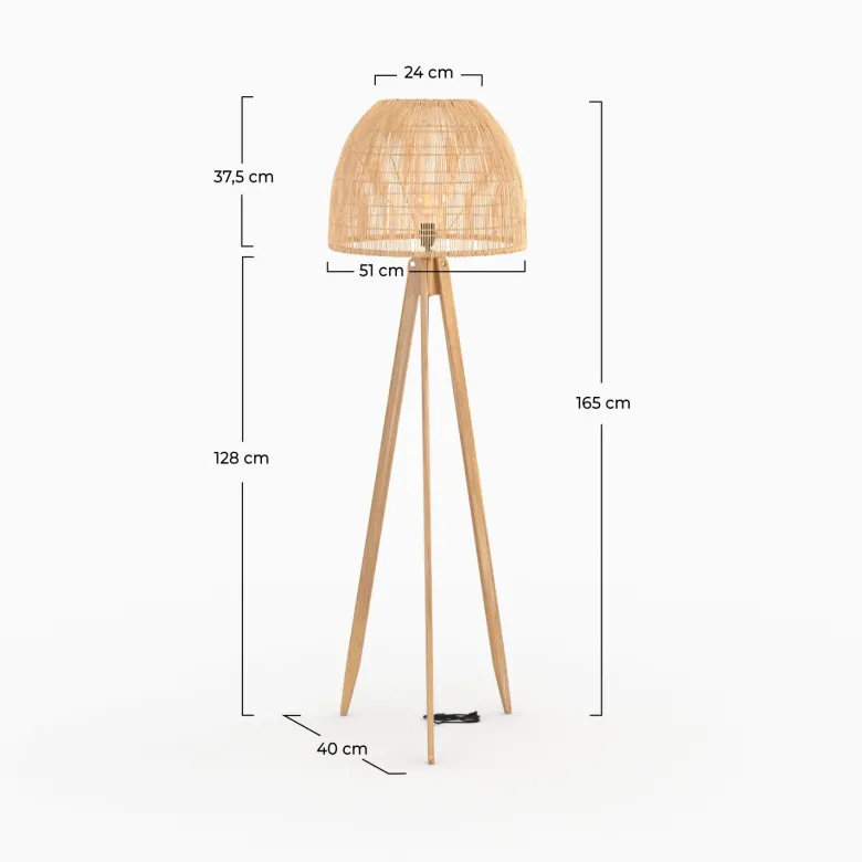 Lampadaire trépied en rotin et bois de teck massif - corte