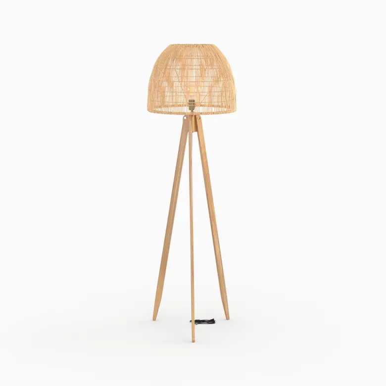 Lampadaire trépied en rotin et bois de teck massif - corte
