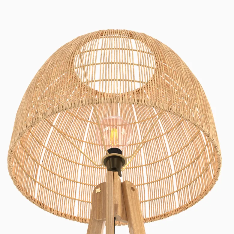 Lampadaire trépied en rotin et bois de teck massif - corte
