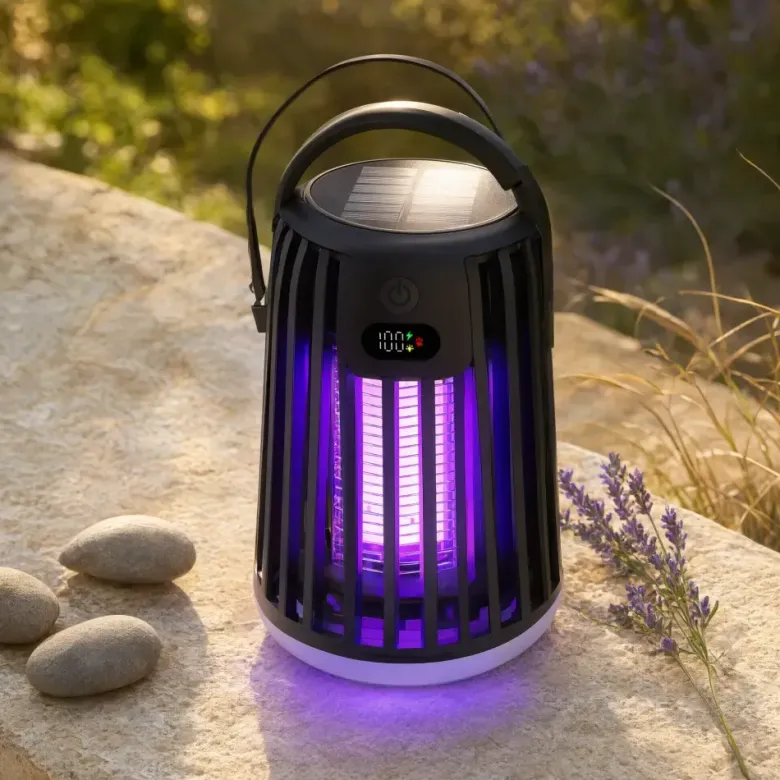 Lampe anti-moustiques solaire 2 en 1 : piège uv et lampe de camping noir