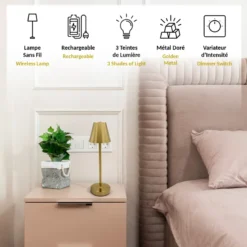 Lampe tactile métal doré 3 teintes led rechargeable usb design