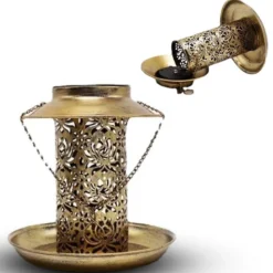 Lanterne solaire mangeoire à oiseaux fer bronze led chaude jardin