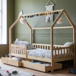 Lit cabane pour enfant 190x90cm en bois avec tiroirs marceau